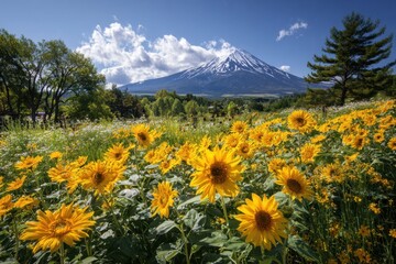 Nishizawa no Sotaro, Beautiful flowers and Mount Fuji in the background, colorful, beautiful scenery, clear blue sky, green trees, bright colors, clear details, sunny day Generative AI