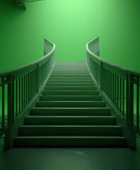 Fototapeta premium Captivating ascending staircase with curved railings immersed in a vibrant green backdrop displayed on transparent background