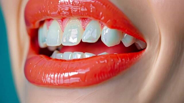 Radiant Smile: A close-up showcases the perfect smile, lips highlighted with glossy red lipstick. Perfect teeth gleam brightly, embodying confidence and beauty. 