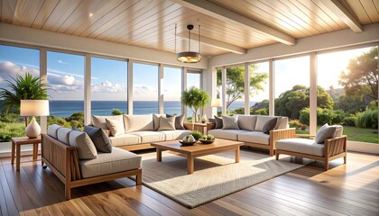 Living Room Interior with Ocean View and Natural Light