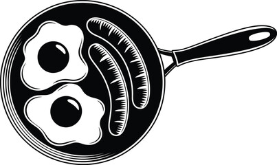 A black and white illustration of eggs and sausages in a frying pan view