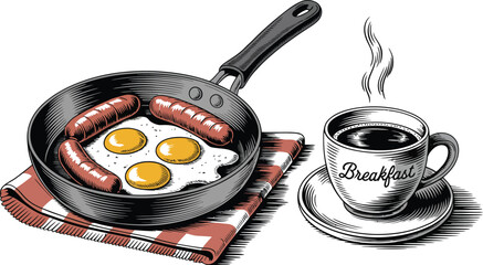 Illustration of breakfast with eggs sausages and coffee in detailed style