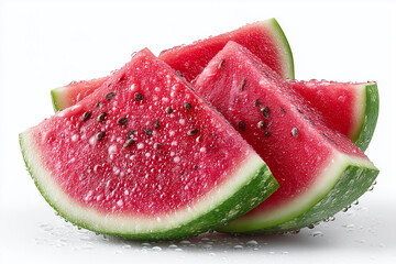 Slices of watermelon with water droplets on white background.