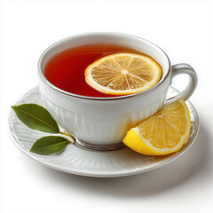 White teacup, filled with cup of tea and lemon slices, placed on saucer, isolated on white background.