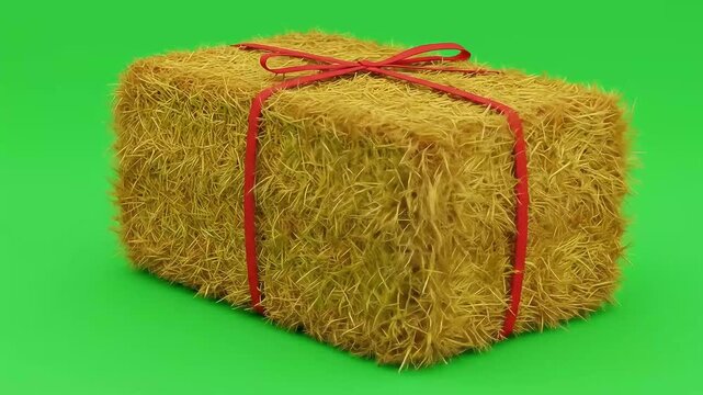 Square hay bale tied with a red ribbon on a green backdrop
