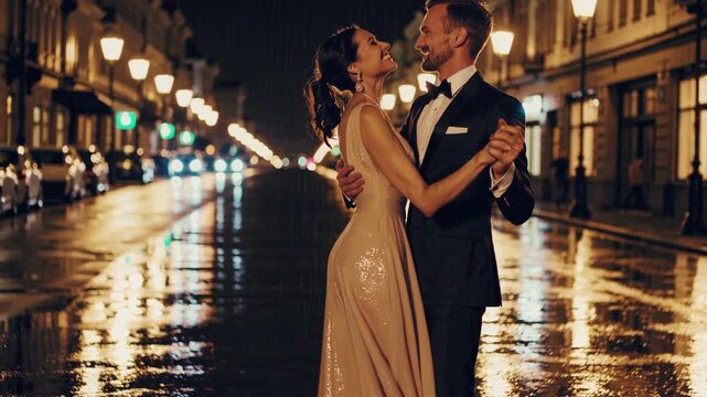 
An elegantly dressed couple dances romantically in the middle of a rainy city street. A metaphor for love and resilience despite difficult times. Inspired by the iconic atmosphere of classic cinema.