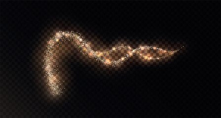Magic dust trail with light glitter effect. Glowing abstract vector element with golden sparkles and shimmer isolated on transparent background