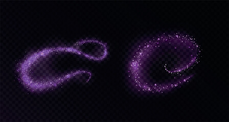 Purple magic dust trail with sparkles on dark transparent backdrop. Vector design element of glowing abstract wavy, shine, glitter beam