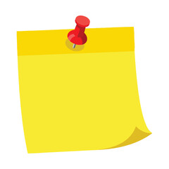 Yellow sticky note with red pushpin and curled corner.