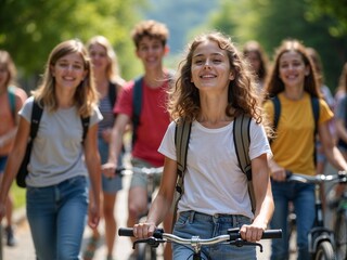 Jugendliche spazieren gemeinsam mit Fahrrädern durch sonnigen Parkweg und lachen entspannt in Kamera