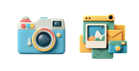 3D sticker pack with a camera icon and photo icon, 3D camera isolated on a transparent background, clipart