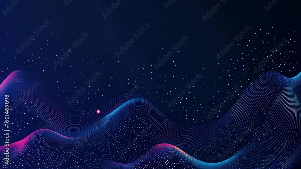 Poster dynamic abstract background with glowing particles and wavy lines, suitable for technology or
