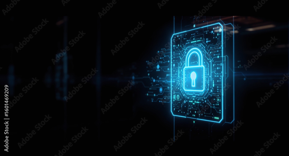 Poster high-tech glowing lock interface in dark background, digital security access panel, sci-fi design