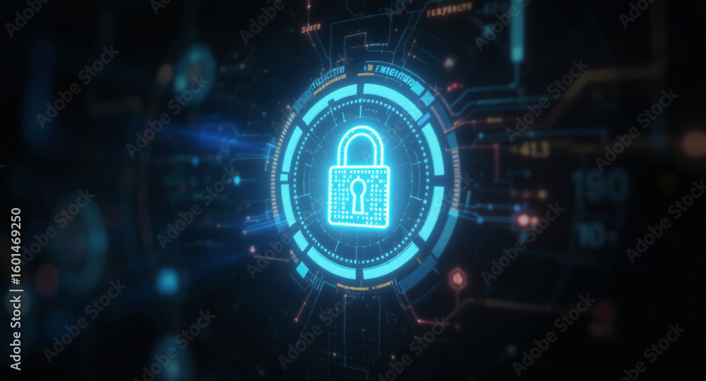 Poster high-tech glowing lock interface in dark background, digital security access panel, sci-fi design