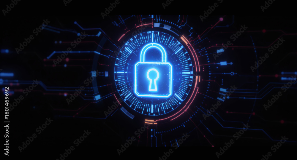 Poster high-tech glowing lock interface in dark background, digital security access panel, sci-fi design