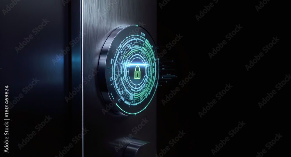 Poster high-tech glowing lock interface in dark background, digital security access panel, sci-fi design