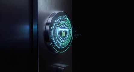 high-tech glowing lock interface in dark background, digital security access panel, sci-fi design