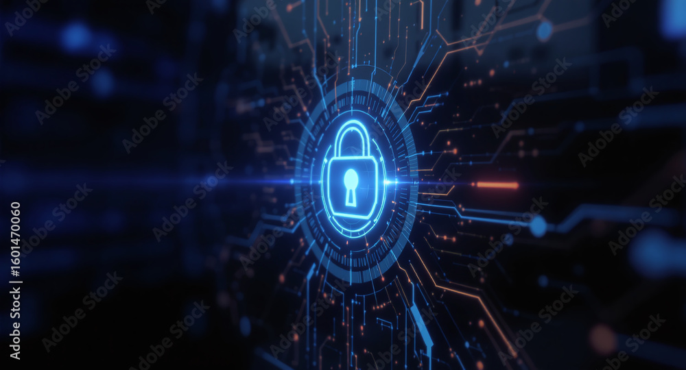 Poster high-tech glowing lock interface in dark background, digital security access panel, sci-fi design