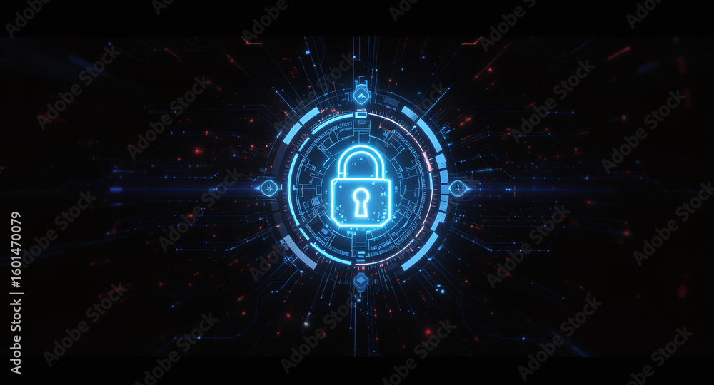 Poster high-tech glowing lock interface in dark background, digital security access panel, sci-fi design