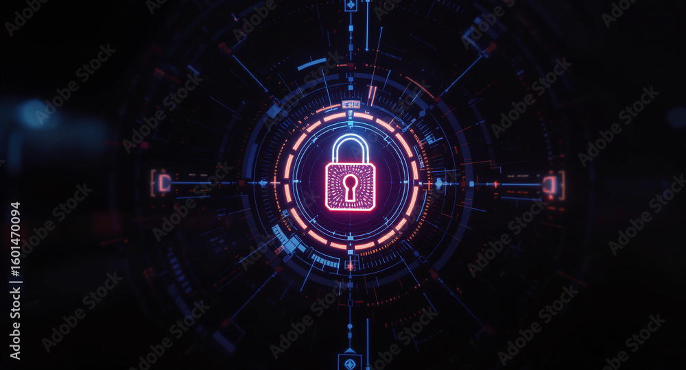 Poster high-tech glowing lock interface in dark background, digital security access panel, sci-fi design