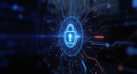 high-tech glowing lock interface in dark background, digital security access panel, sci-fi design