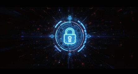 high-tech glowing lock interface in dark background, digital security access panel, sci-fi design