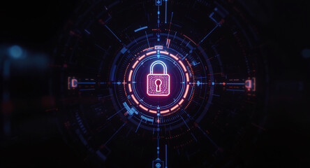 high-tech glowing lock interface in dark background, digital security access panel, sci-fi design