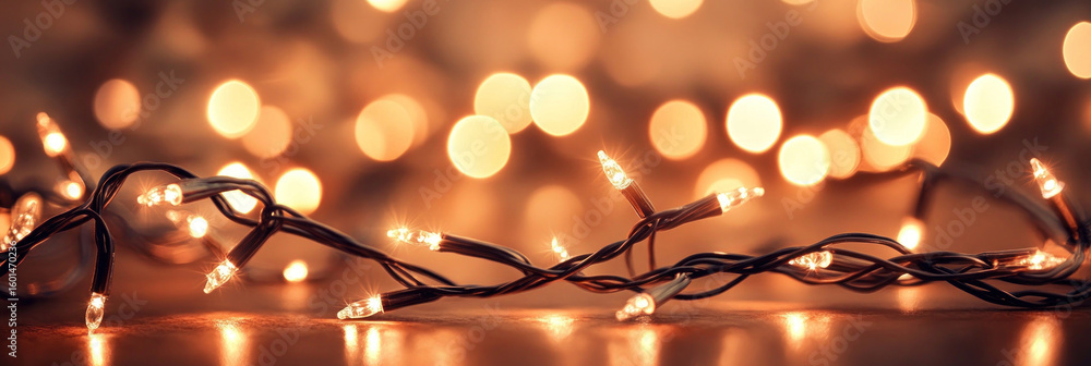 Aufkleber glowing string lights lying on wooden surface with blurred warm bokeh in background. festive and coz