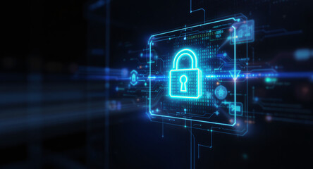 high-tech glowing lock interface in dark background, digital security access panel, sci-fi design