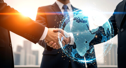 Businessmen shaking hands with digital globe overlay representing international global business deal