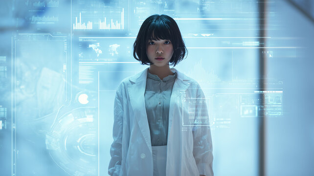 日本人女子学生が科学技術の前に立つ - Powered by Adobe