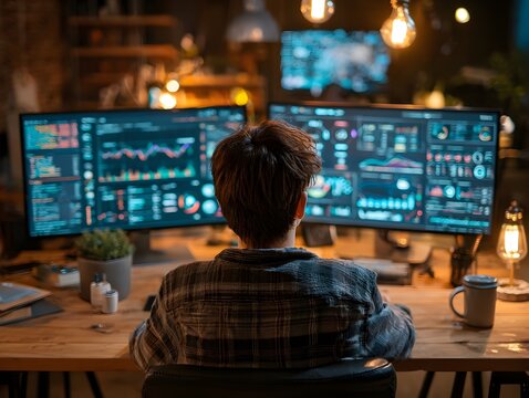 From behind, a focused trader analyzes stock market data on multiple monitors in a cozy home office area.
