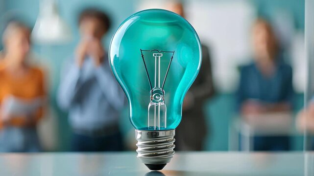 Illuminating Insight: A captivating, oversized light bulb, aglow with innovation and surrounded by the collaborative energy of a business team, symbolizing creativity and the spark of ingenious ideas.