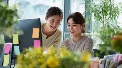 日本人女性二人が一緒に作業中