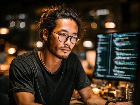 Focused Asian programmer with glasses reviews lines of complex code on a computer screen at night.