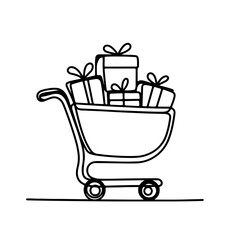 Minimalistic one-line drawing of a shopping cart filled with gifts on a plain white background, concept of holiday shopping and gift giving.