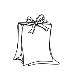 Minimalistic abstract black continuous line drawing of a Christmas gift bag on plain white background, concept of elegance and simplicity for design businesses, stationery