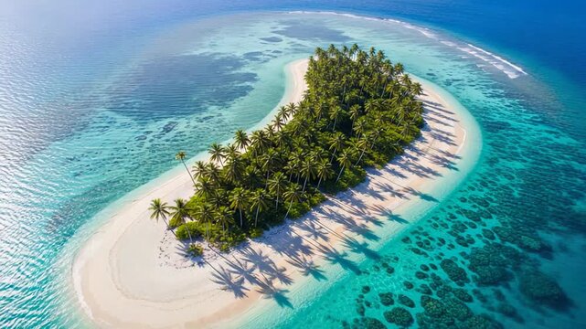 Palm island sits alone in sapphire lagoon, palm island spreads green canopy across sugar sand, visitors circle palm island by bright kayaks. Concept remote escape.