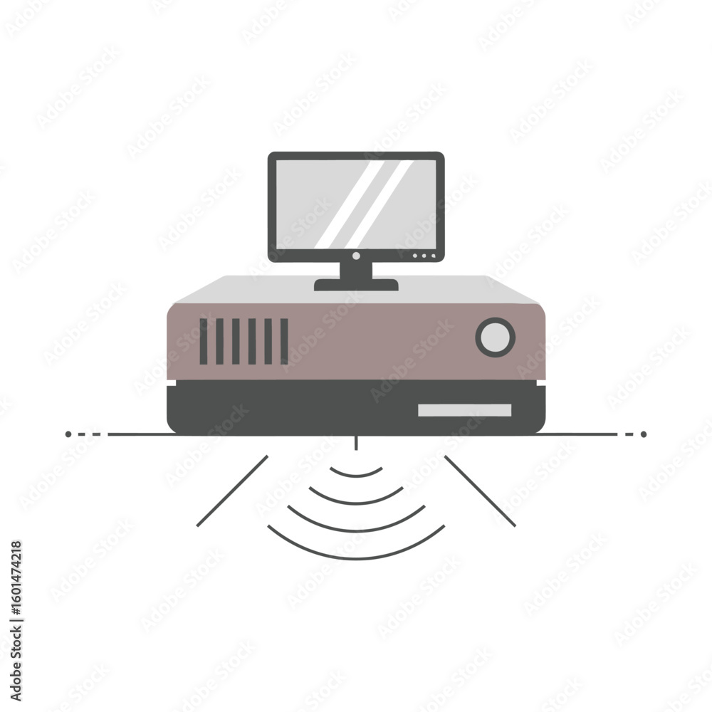 Poster a flat design icon of a computer server with a monitor illustrating data transmission and network co
