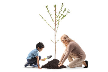 Mother and son planting a tree together