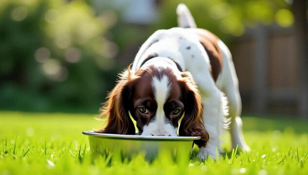 English springer spaniel drinking water from a bowl