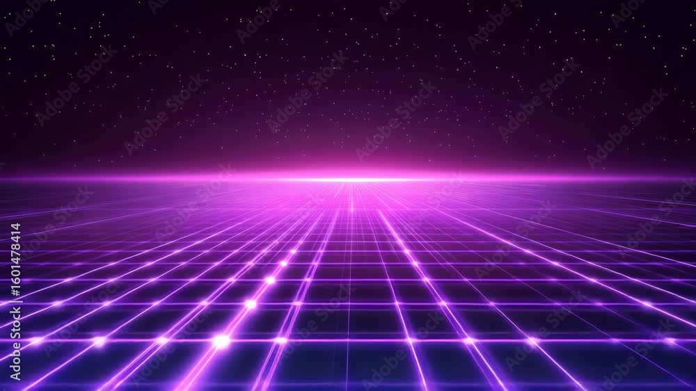 Poster retro synthwave background with glowing grid and starry sky for futuristic visuals