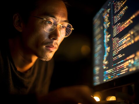 An Asian programmer wea glasses intensely concentrates on complex code displayed on a computer screen. - Powered by Adobe