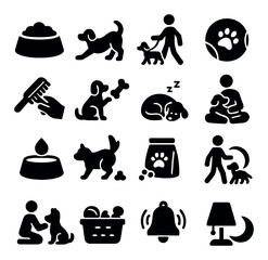 Pet care silhouette icon set. featuring walking, feeding, grooming, training, sleeping, toys, bowl, and more.