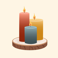 Colorful Burning Candles on Wooden Stand Illustration