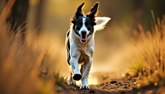English springer spaniel running swiftly through woodland