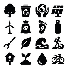 Environment silhouette icon set. containing recycle, sustainability, solar, wind, planting, hiking, eco-friendly and more.