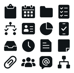 Business silhouette icon set: clipboard, calendar, folder, checklist, id, chart, mail, clock
