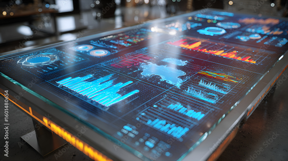 Poster futuristic interactive touchscreen table displaying complex data visualizations