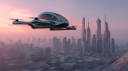 Futuristic flying taxi drone hovers over dubai skyline at sunset